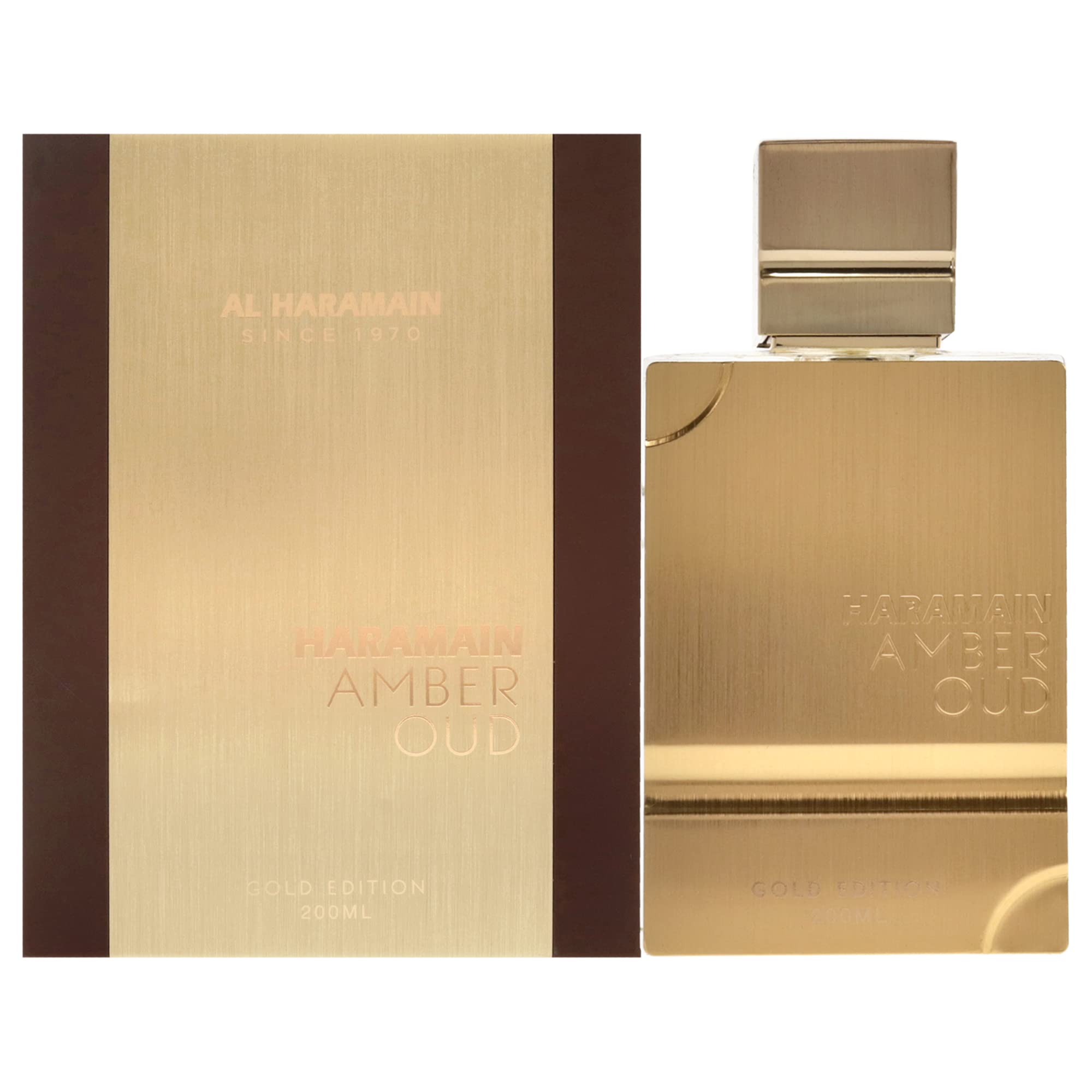 Al Haramain Amber Oud Gold Edition bottle front shows amber-vanilla allure ideal for evenings.