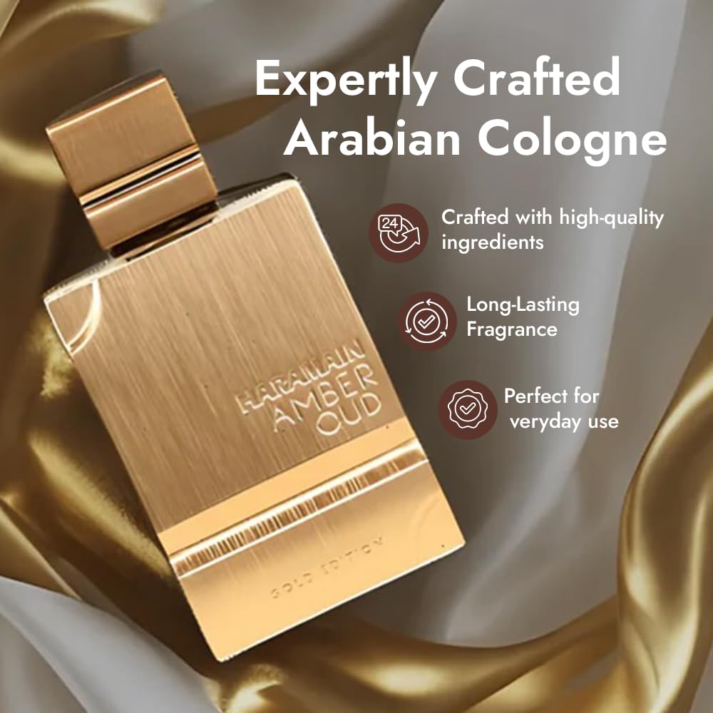 Outer label of Al Haramain Amber Oud Gold Edition emphasizes premium branding and quality.