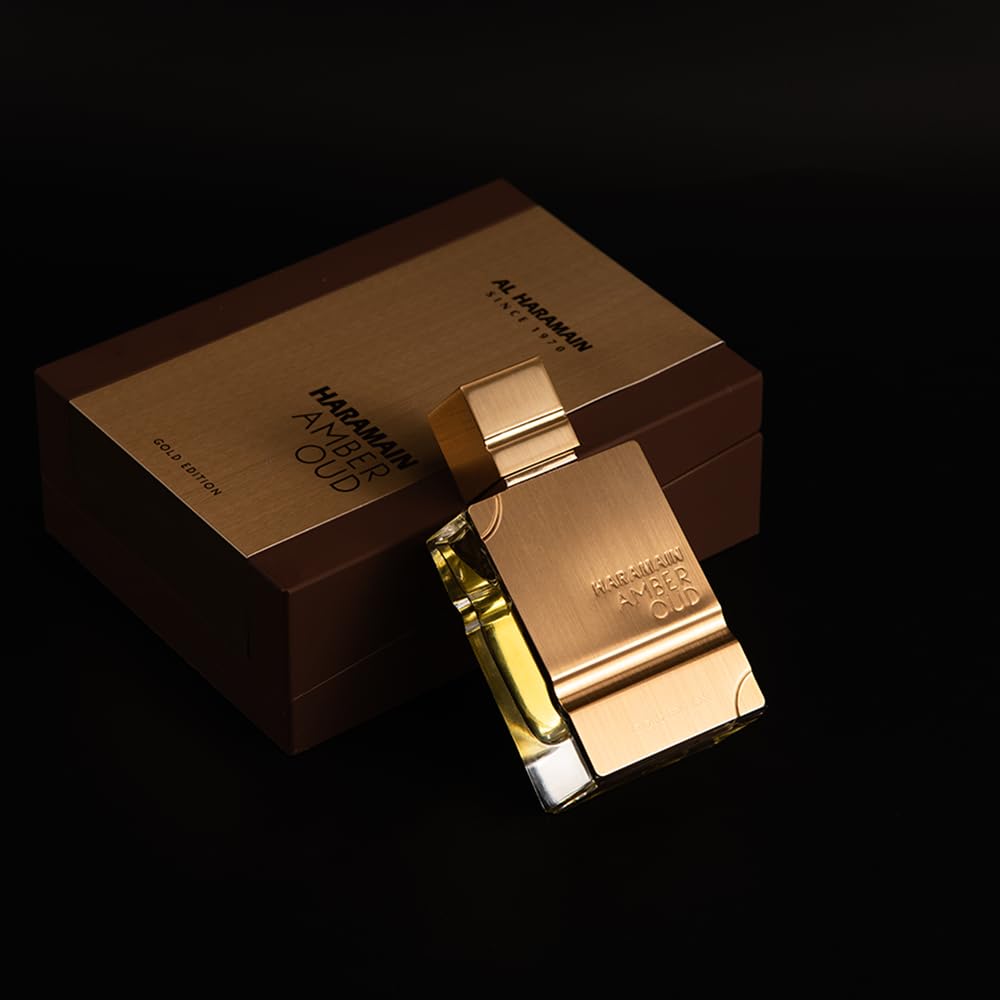Elegant packaging and bottle design of Amber Oud Gold Edition