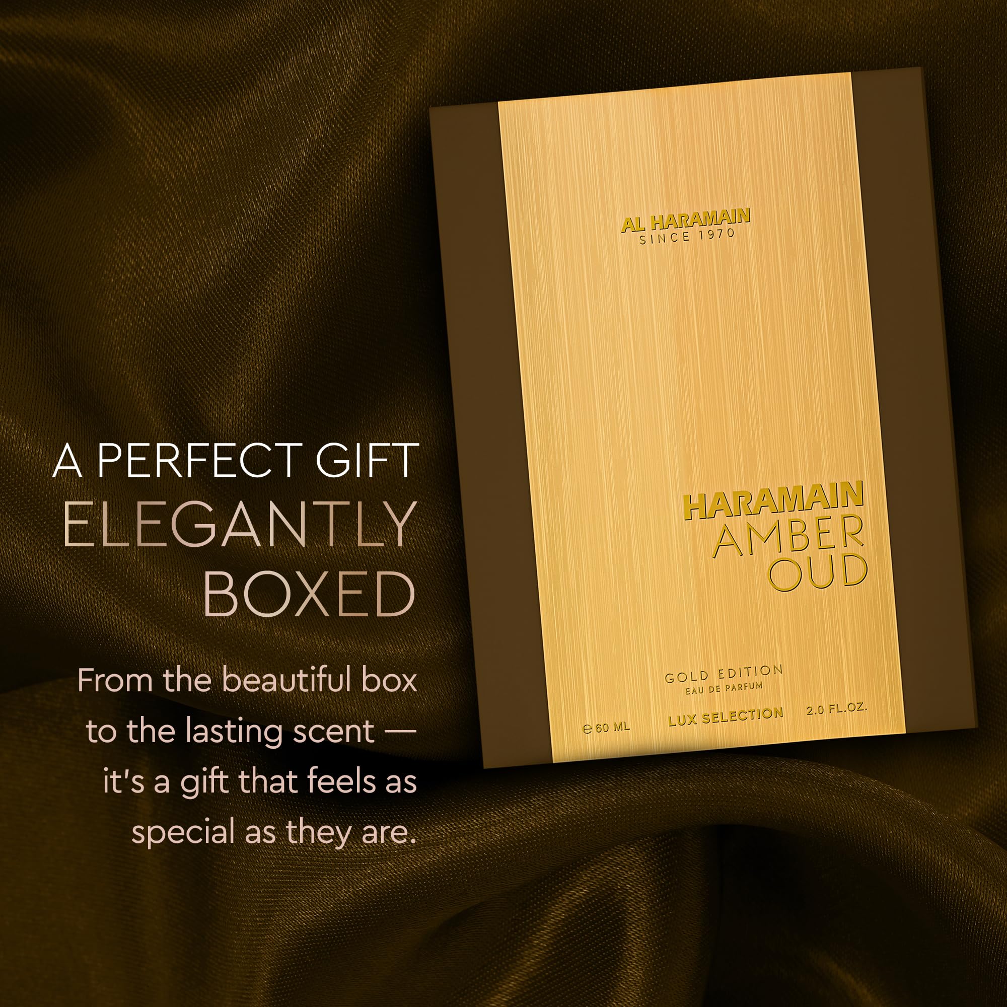 Al Haramain Amber Oud Gold Edition on shelf in a luxury perfume setup