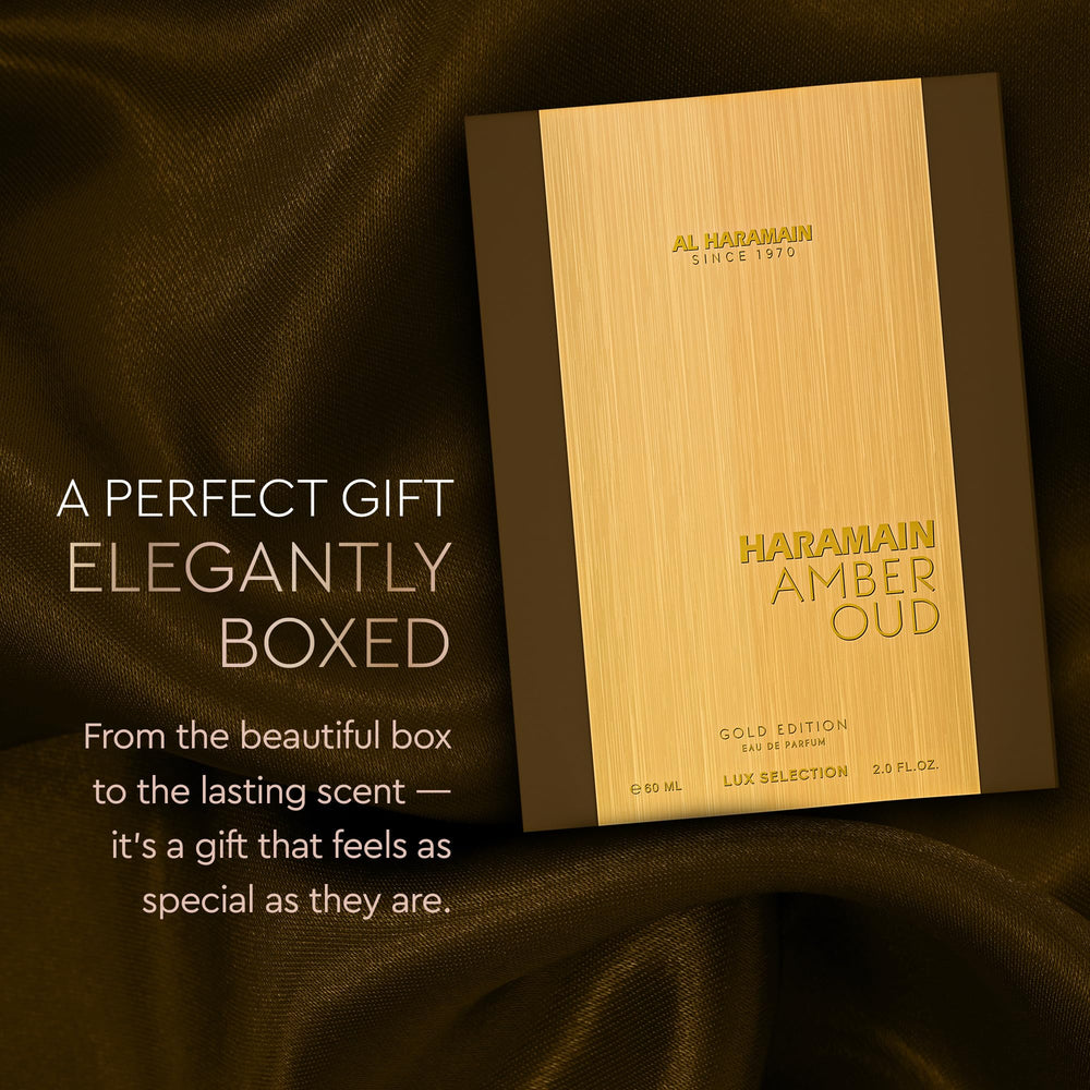 Al Haramain Amber Oud Gold Edition on shelf in a luxury perfume setup