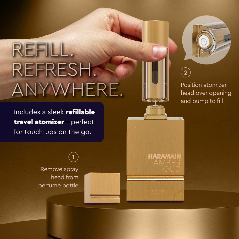 Al Haramain Amber Oud Gold Edition travel atomizer for quick reapplication