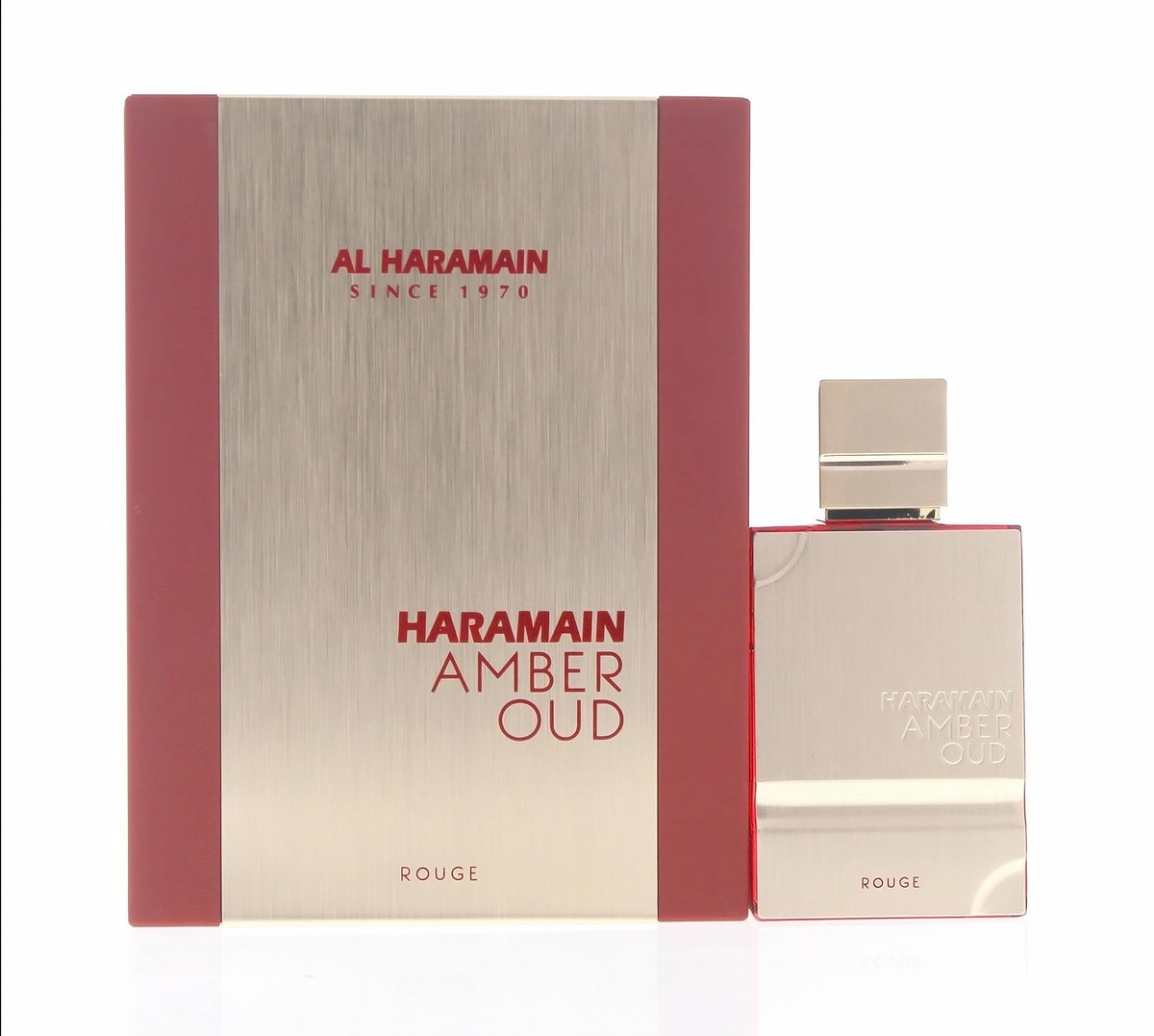 Al Haramain Amber Oud Rouge bottle front view, unisex fragrance with amber and oud allure