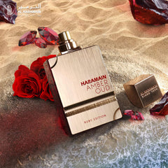Al Haramain Amber Oud Ruby bottle close-up reveals rich color and refined packaging for gifting.