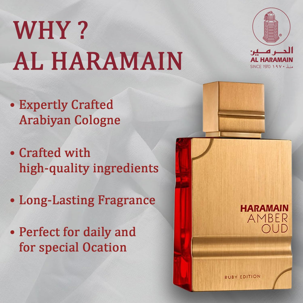 Al Haramain Amber Oud Ruby perfume display invites you to explore a unisex scent.