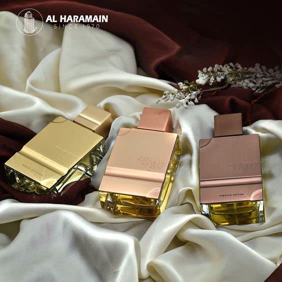 Angled shot of Al Haramain Amber Oud Tobacco Edition highlighting luxury aesthetics.