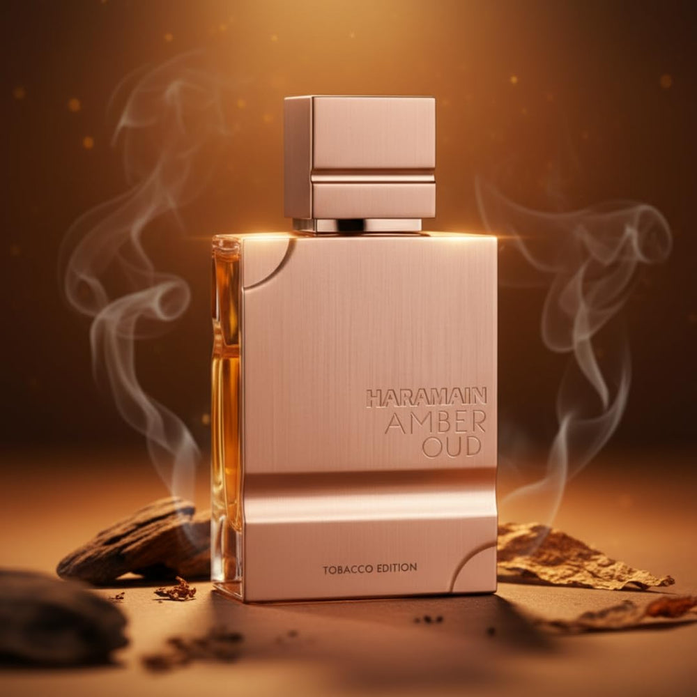 Glass liquid view of Al Haramain Amber Oud Tobacco Edition, rich fragrance in focus.