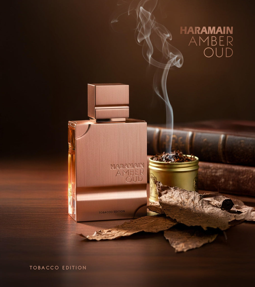 Label details on Al Haramain Amber Oud Tobacco Edition bottle, clear branding.
