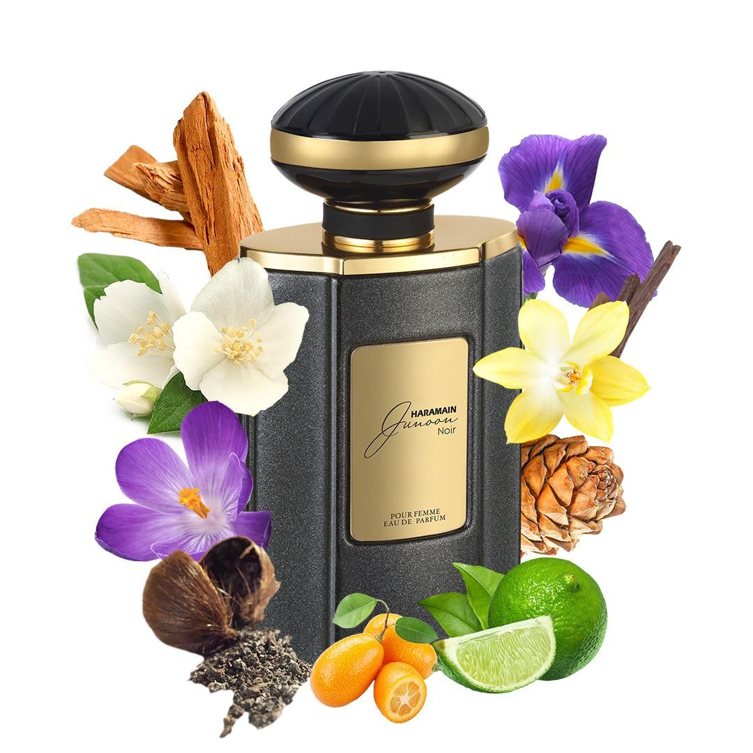 Al Haramain Junoon Noir EDP bottle cap close-up showing premium craftsmanship