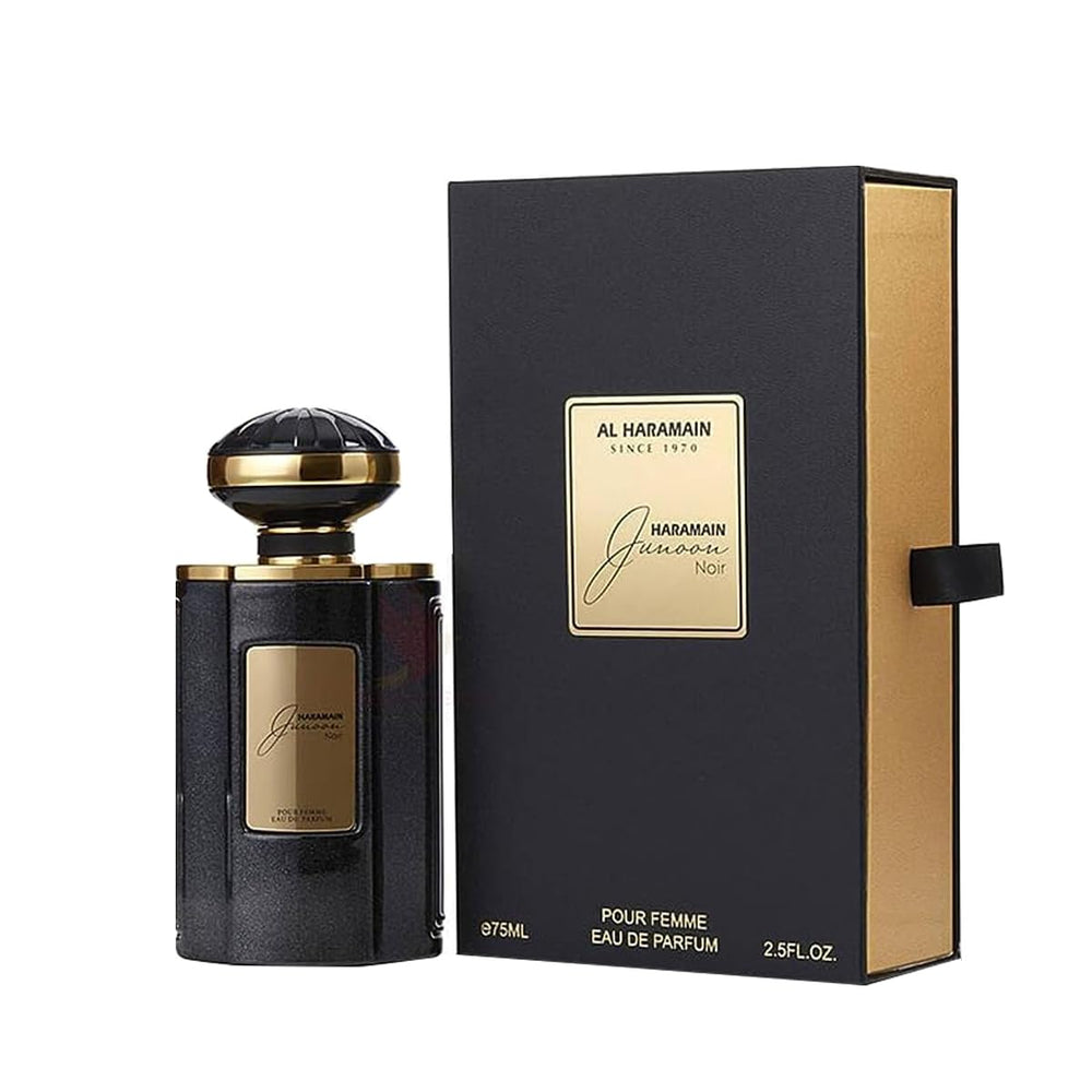 Al Haramain Junoon Noir EDP bottle front view for an elegant evening look