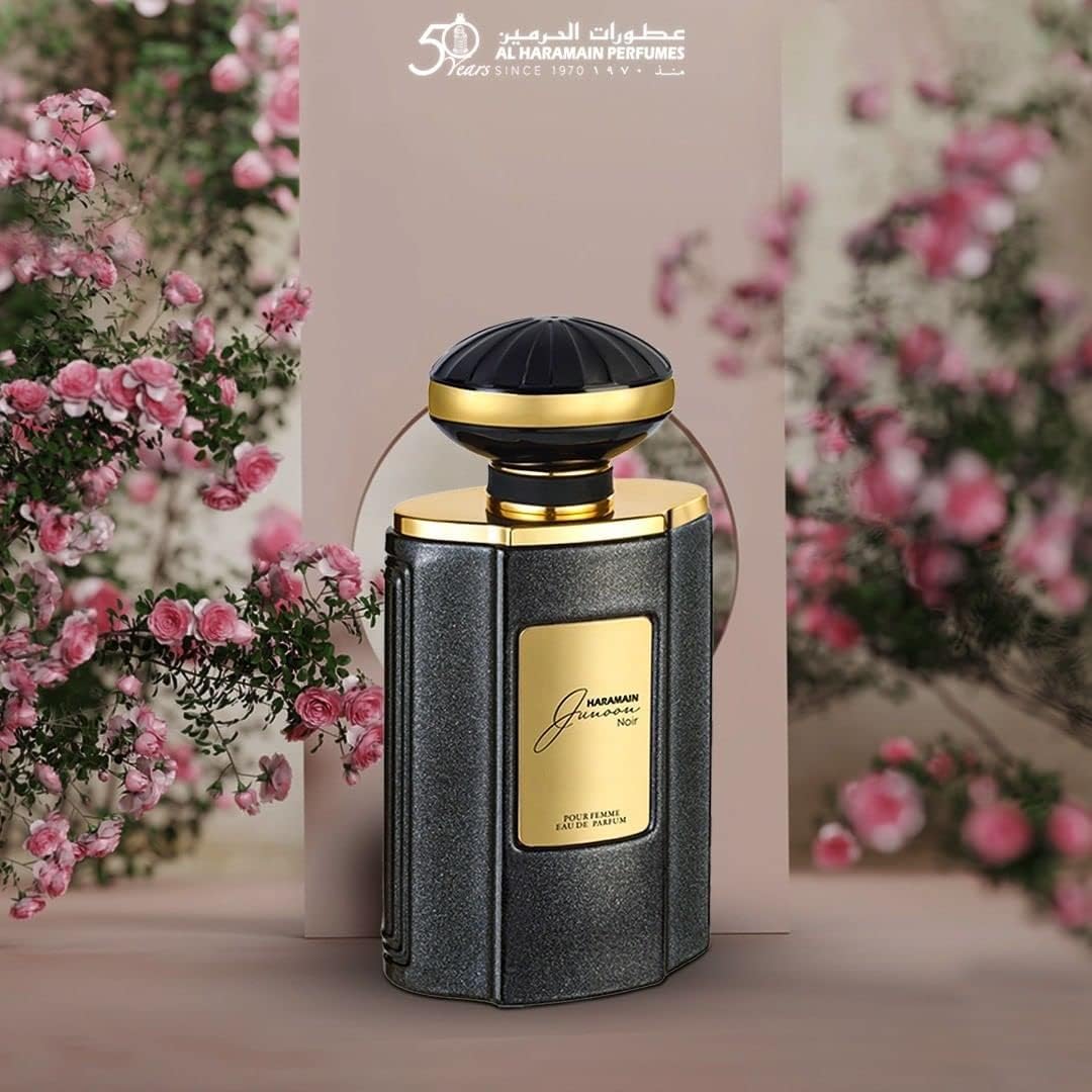 Al Haramain Junoon Noir EDP bottle on shelf emphasizes sleek silhouette