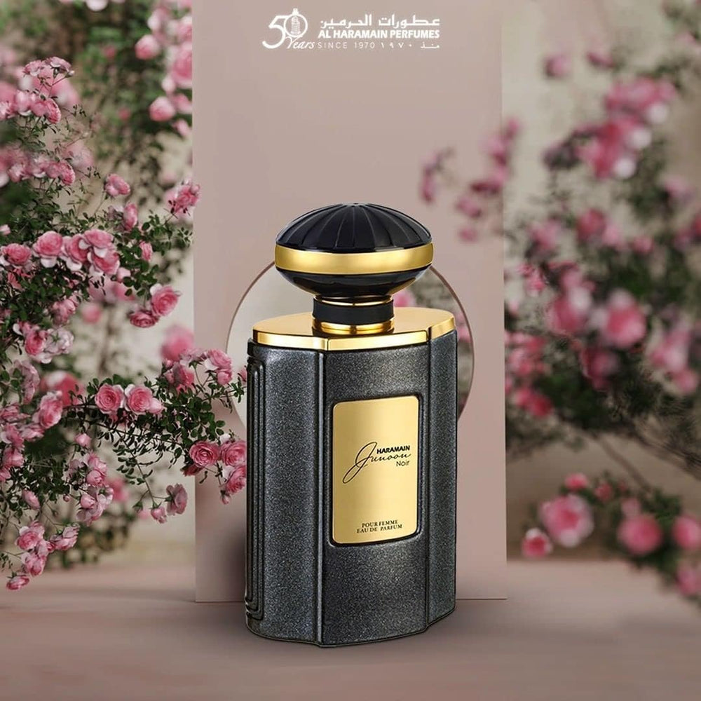 Al Haramain Junoon Noir EDP bottle on shelf emphasizes sleek silhouette