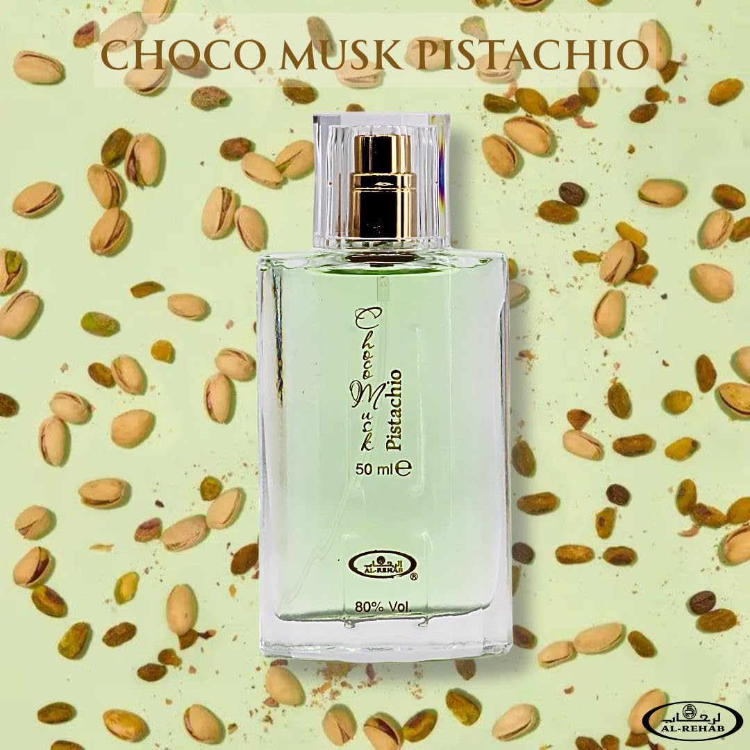 Al-Rehab Choco Musk Pistachio bottle offers a creamy nutty mood for daytime wear.