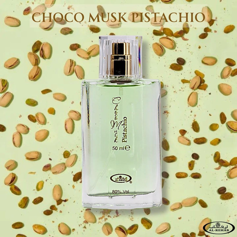 Al-Rehab Choco Musk Pistachio bottle offers a creamy nutty mood for daytime wear.