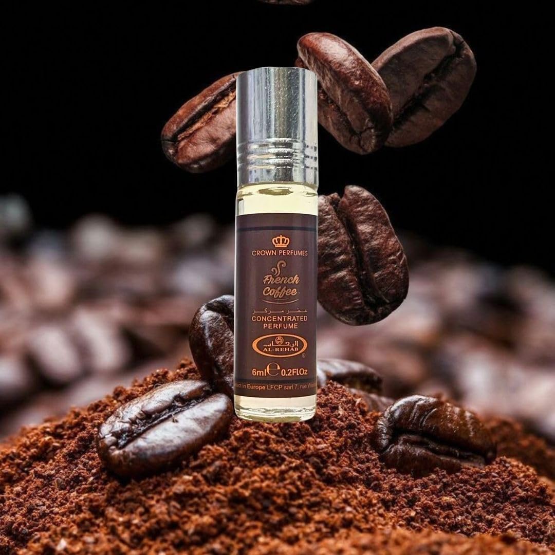 Al-Rehab French Coffee perfume oil packaging, compact 6ml bottle ideal for travel.