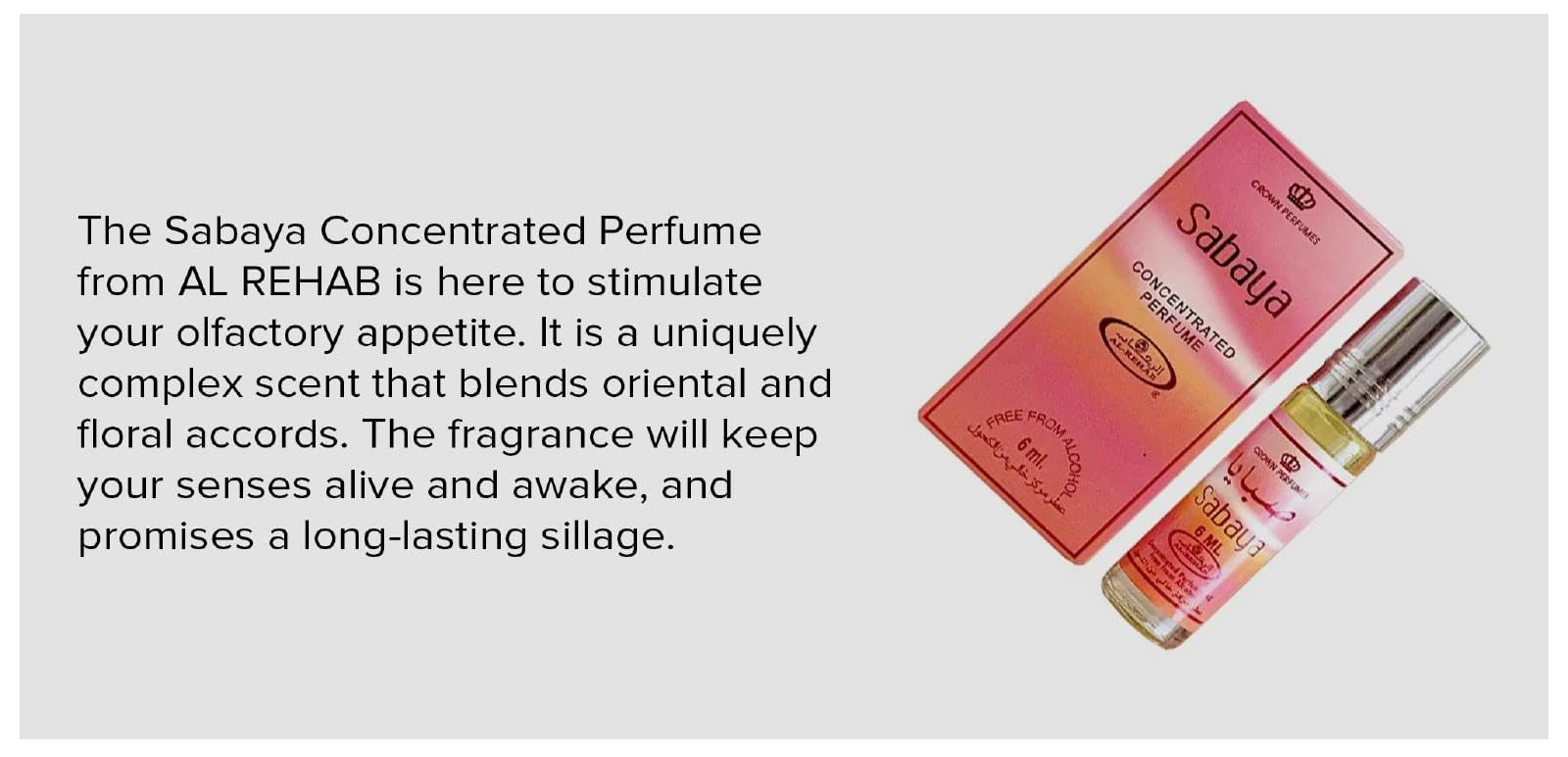 Al-Rehab Sabaya packaging and rollerball, travel-friendly scent.