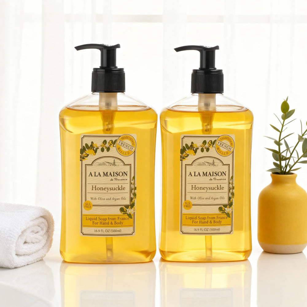 A LA MAISON Honeysuckle bottle pour showing smooth lather for daily handwashing.