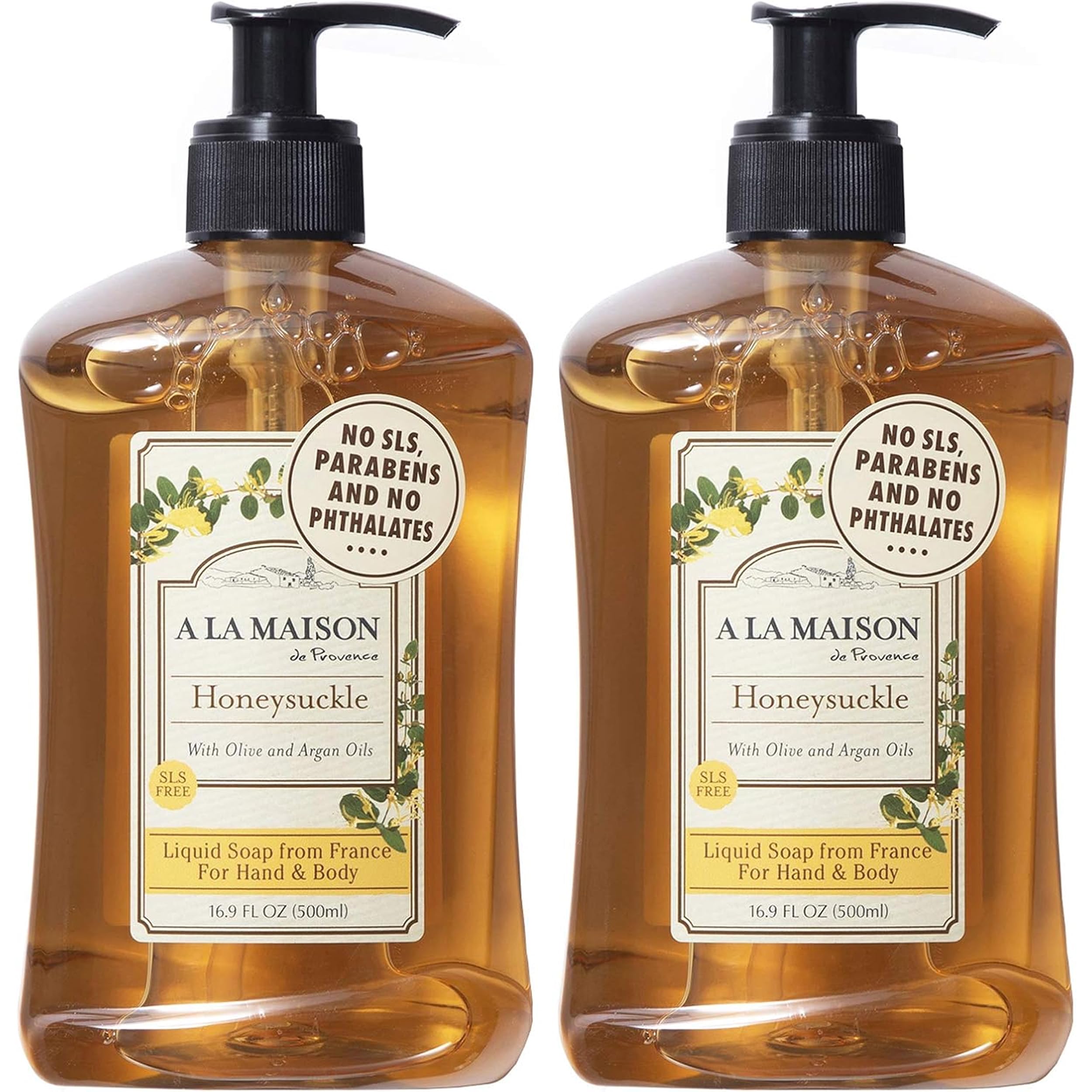 A LA MAISON Honeysuckle hand soap bottle 2-pack for gentle cleansing at home.