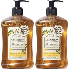 A LA MAISON Honeysuckle hand soap bottle 2-pack for gentle cleansing at home.