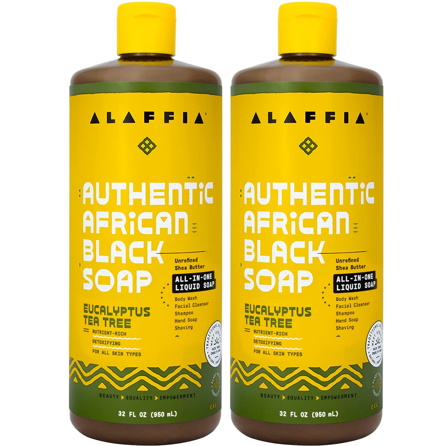 Alaffia African Black Soap bottle with label for all-in-one cleansing.