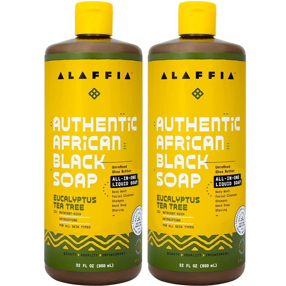 Alaffia African Black Soap bottle with label for all-in-one cleansing.
