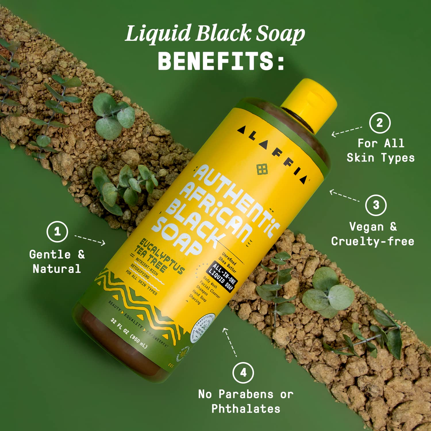 Alaffia two-pack display highlighting all-in-one cleansing versatility.