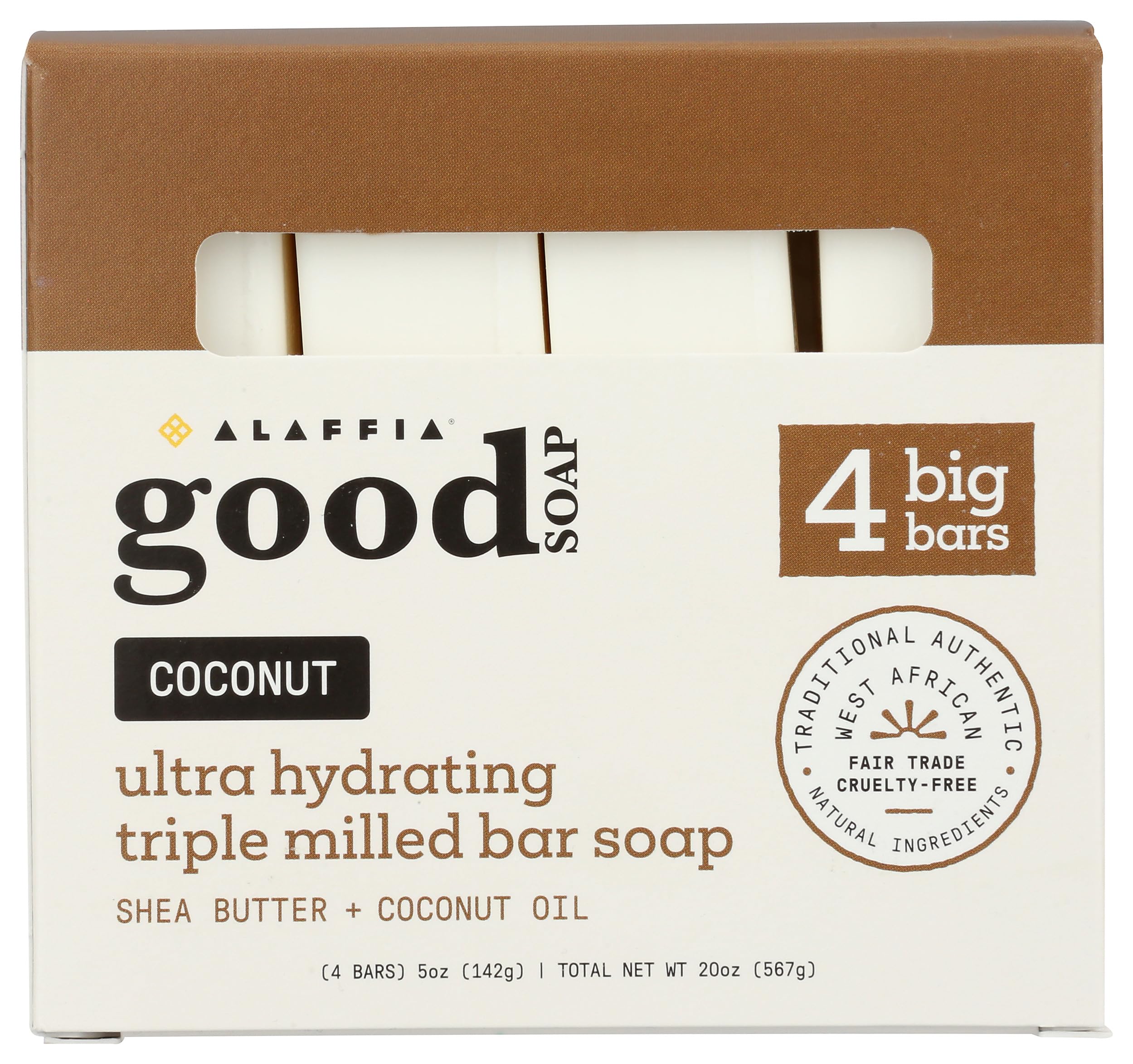 Alaffia Coconut Good Soap value pack front view shows four bars and coconut scent.