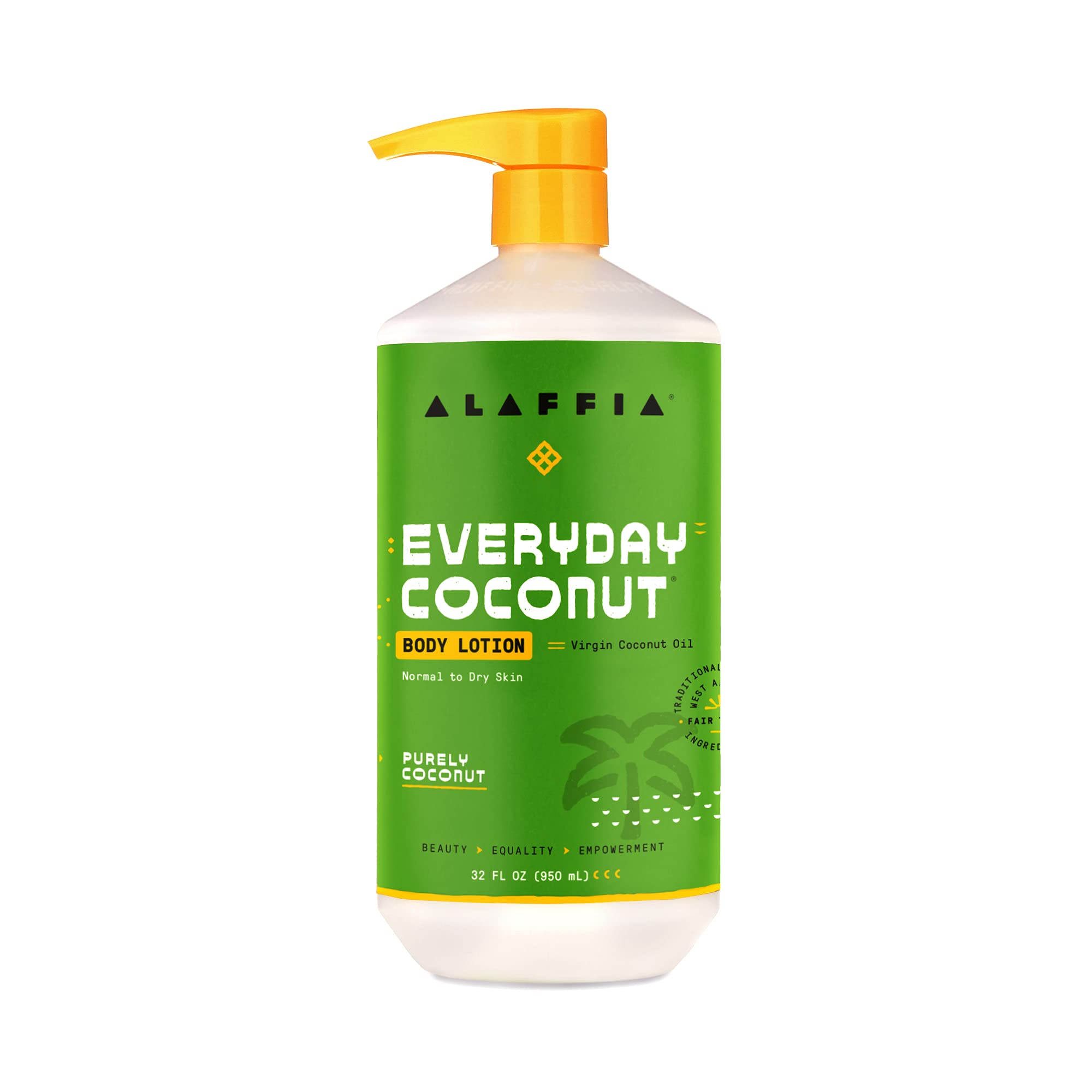 Loción de Coco EveryDay de Alaffia, botella de hidratación suave para piel normal a seca.