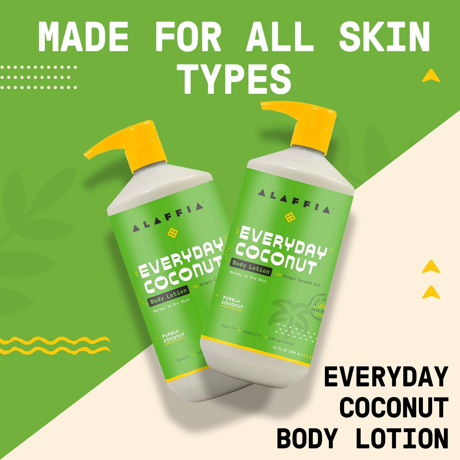 Loción de Coco EveryDay de Alaffia, etiqueta libre de sulfatos para cuidado respetuoso.