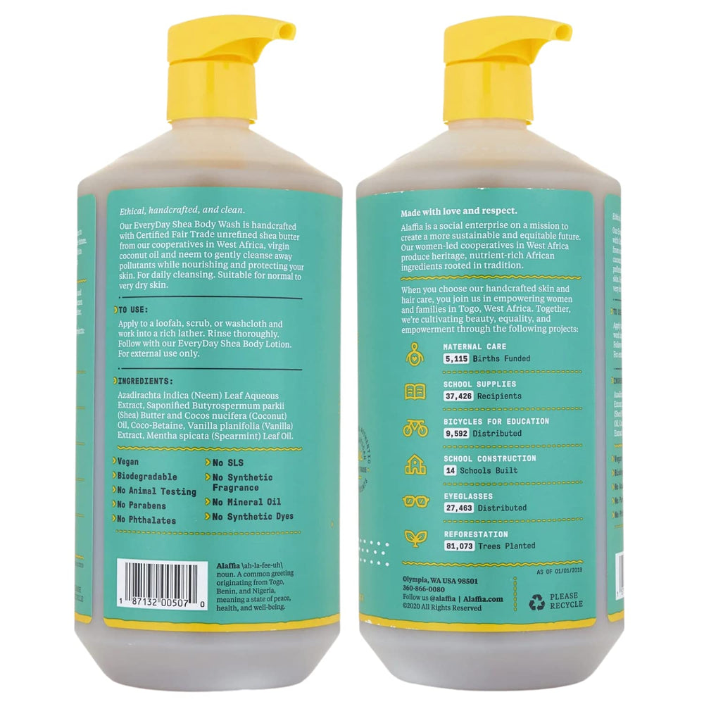 Alaffia EveryDay Shea Body Wash foam-lather demonstrates gentle cleansing suitable for daily use.