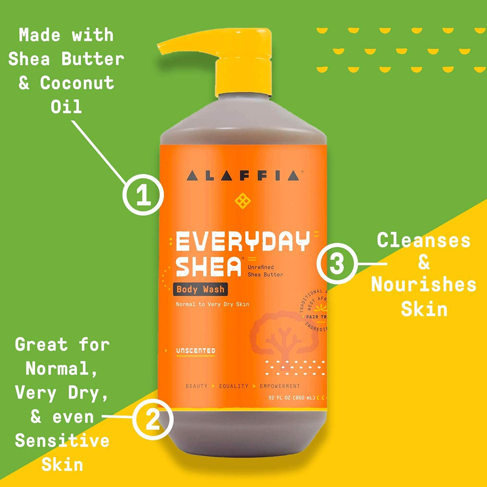 Alaffia Everyday Shea Body Wash ingredients: neem, shea butter, and coconut oil.