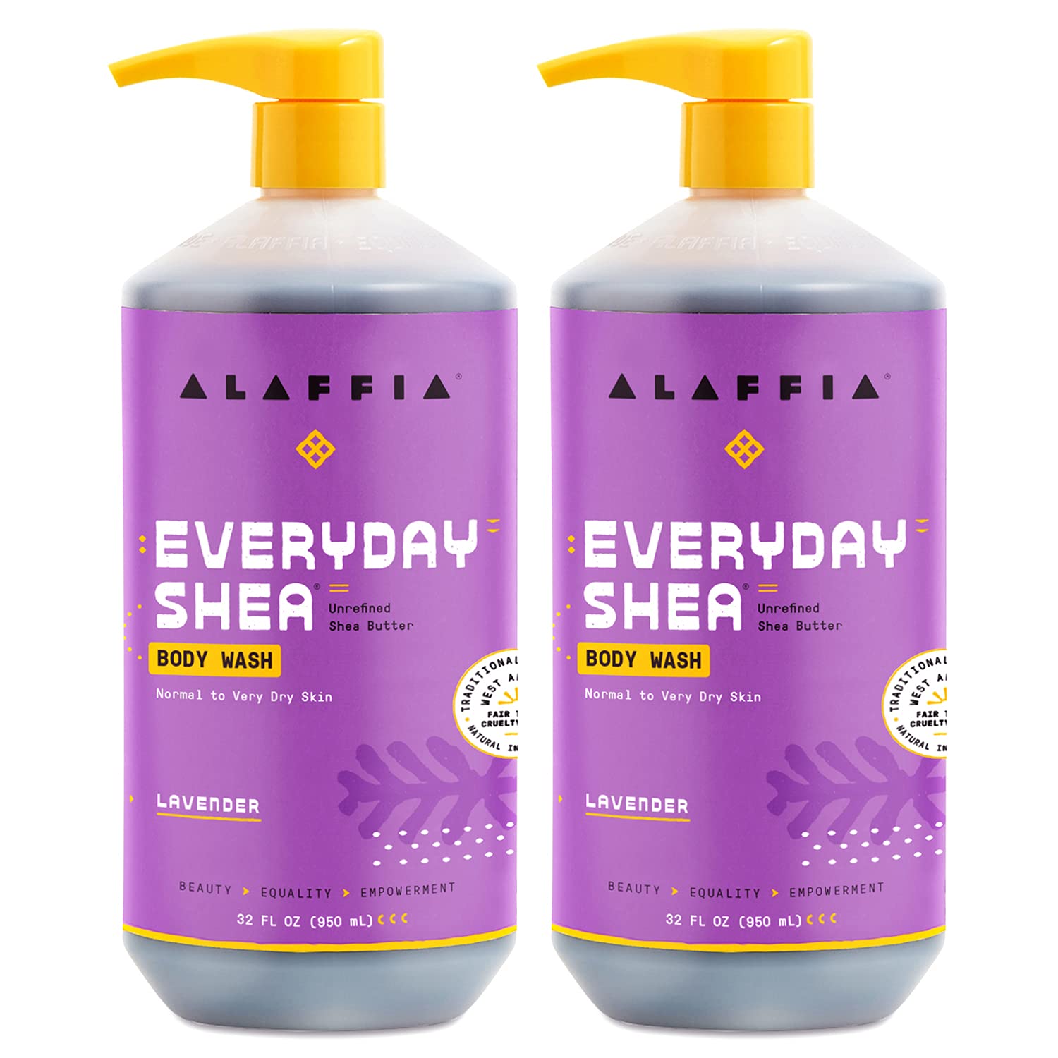 Alaffia Everyday Shea Body Wash Lavender 2-pack bottles for daily moisturizing and gentle cleansing.