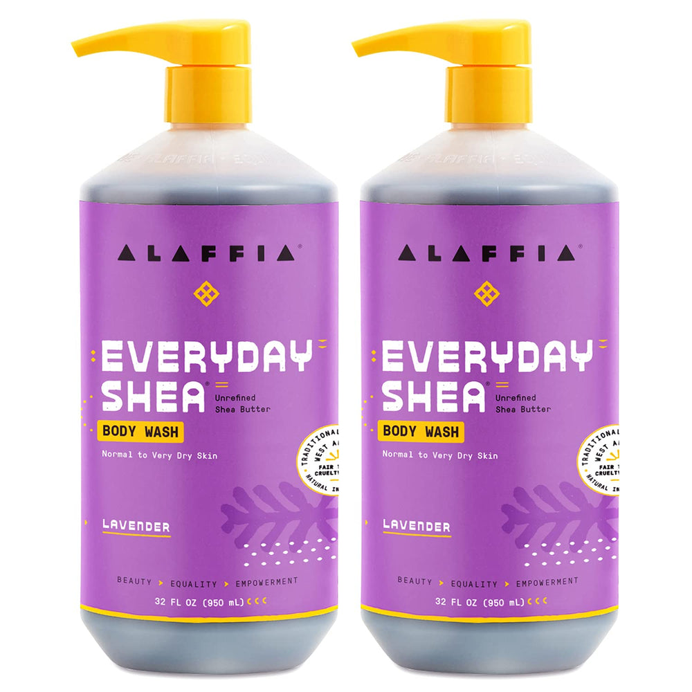 Alaffia Everyday Shea Body Wash Lavender 2-pack bottles for daily moisturizing and gentle cleansing.