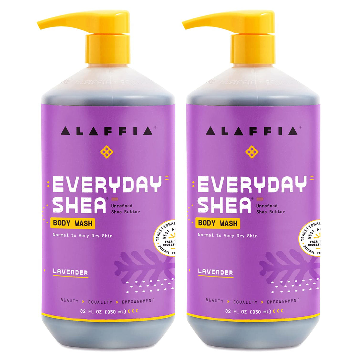 Alaffia Everyday Shea Body Wash Lavender 2-pack bottles for daily moisturizing and gentle cleansing.