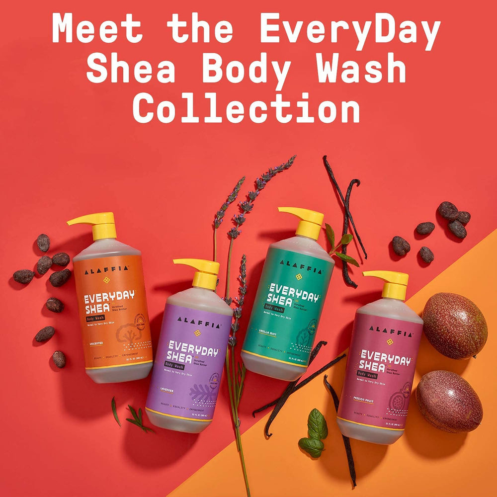 Alaffia Everyday Shea Body Wash packaging close-up highlights sustainable design.
