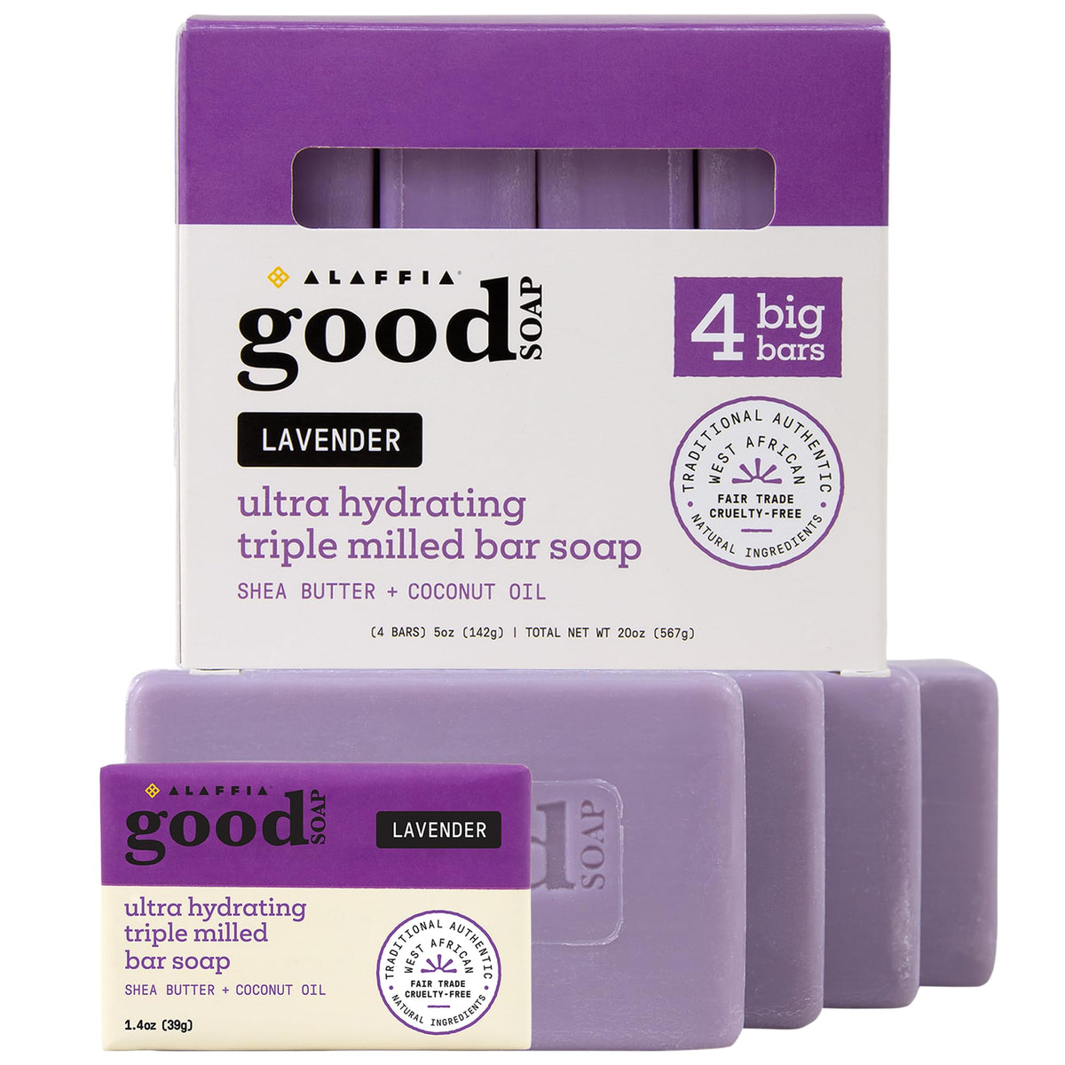 Alaffia Good Soap Lavanda: barra principal, aroma calmante para piel suave.