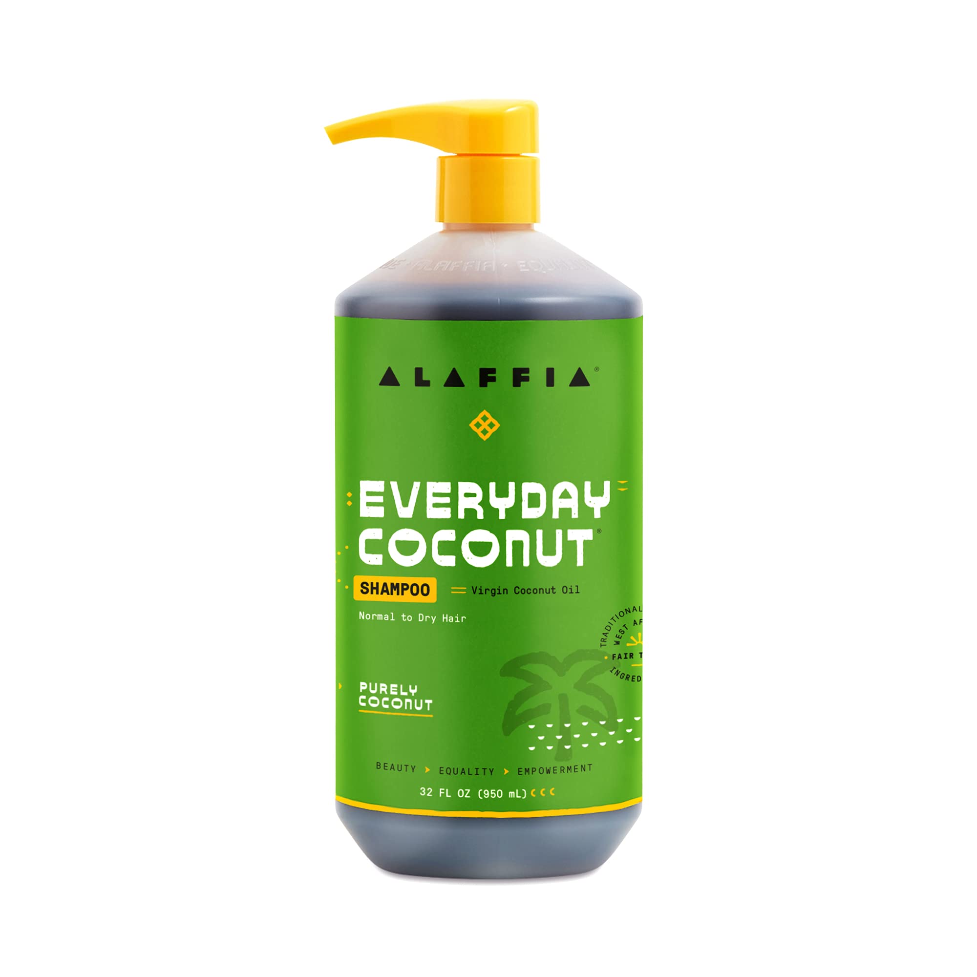 Shampoo de coco Alaffia en botella para limpieza suave.