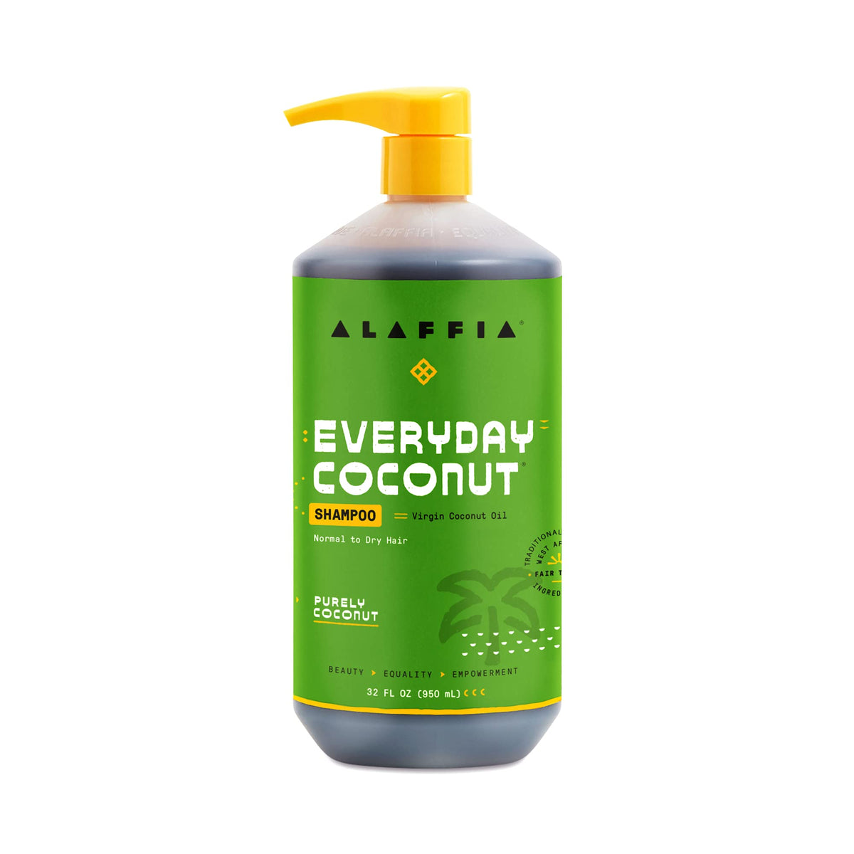 Shampoo de coco Alaffia en botella para limpieza suave.