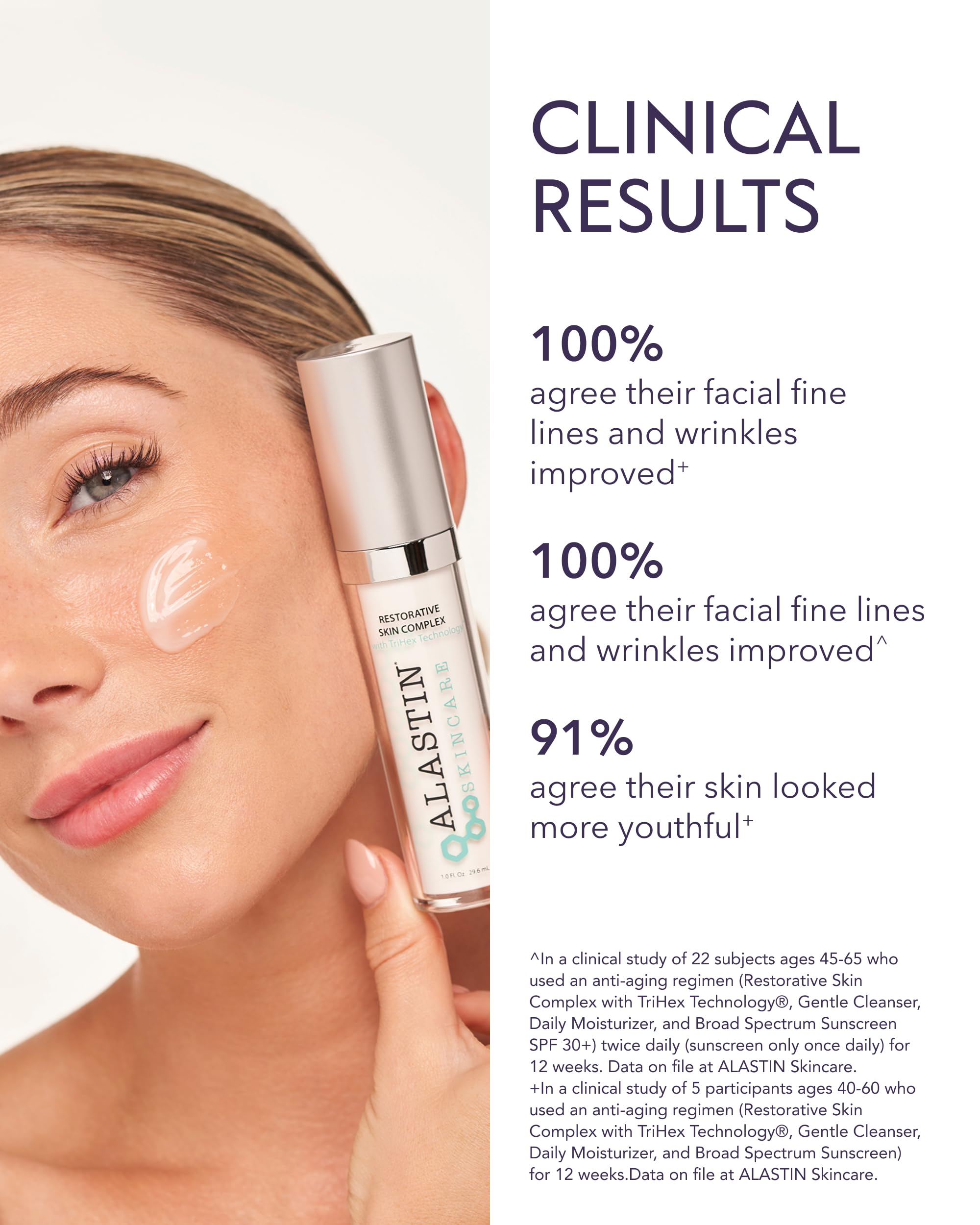 ALASTIN Restorative Skin Complex application hand demonstrates a simple nightly routine