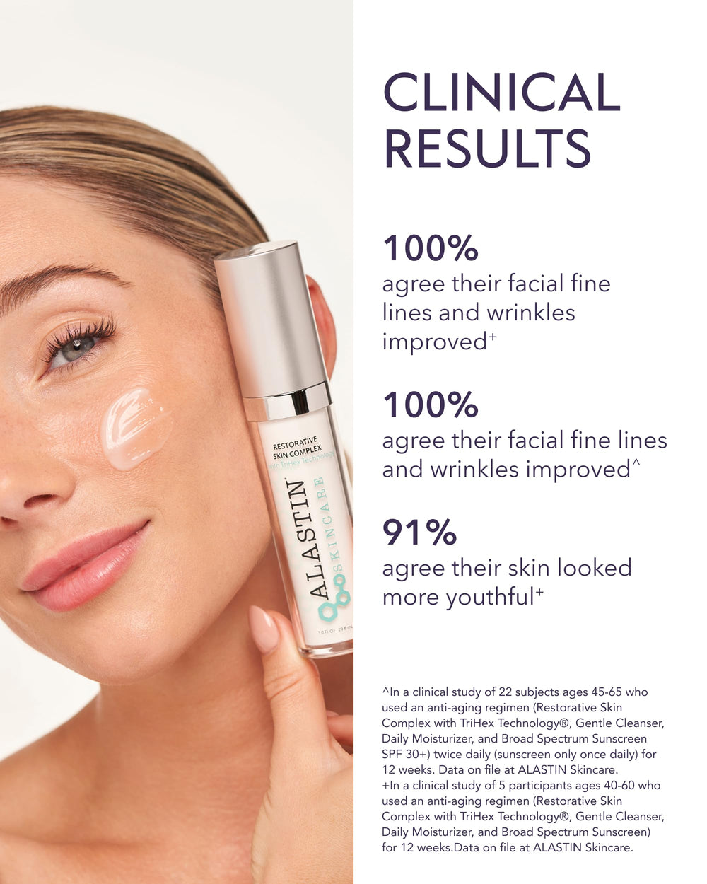 ALASTIN Restorative Skin Complex application hand demonstrates a simple nightly routine