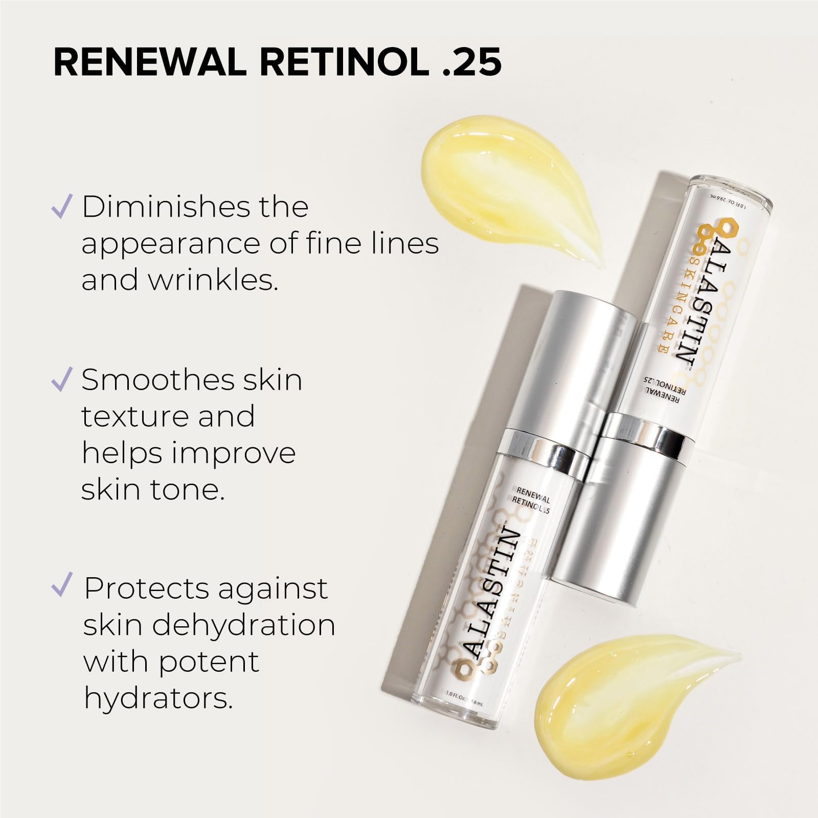 ALASTIN Skincare Skin Renewal Retinol Serum in use promotes even tone.