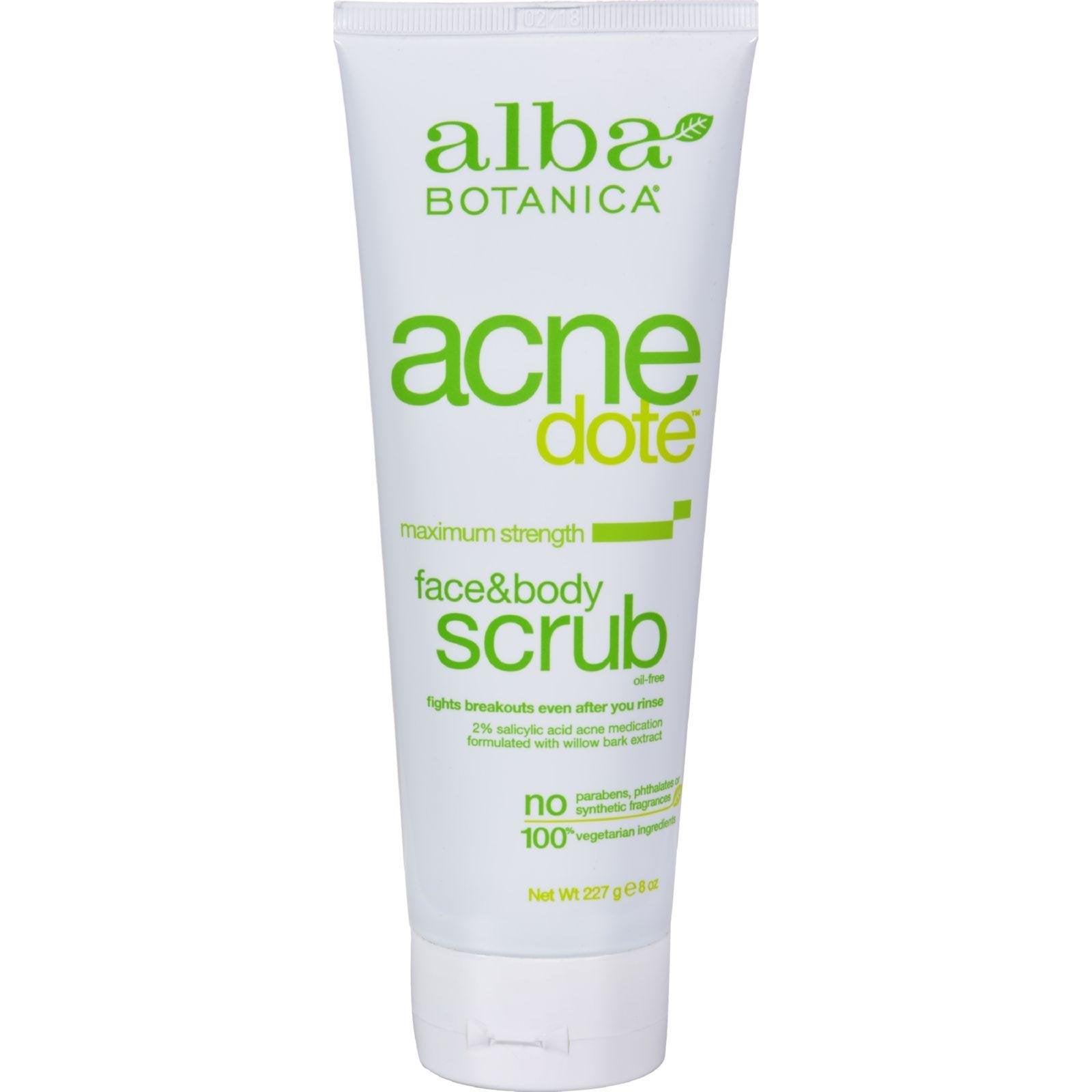 Alba Botanica Acnedote face and body scrub bottle for gentle exfoliation