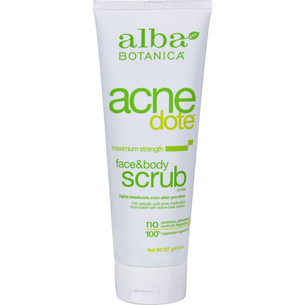 Alba Botanica Acnedote face and body scrub bottle for gentle exfoliation