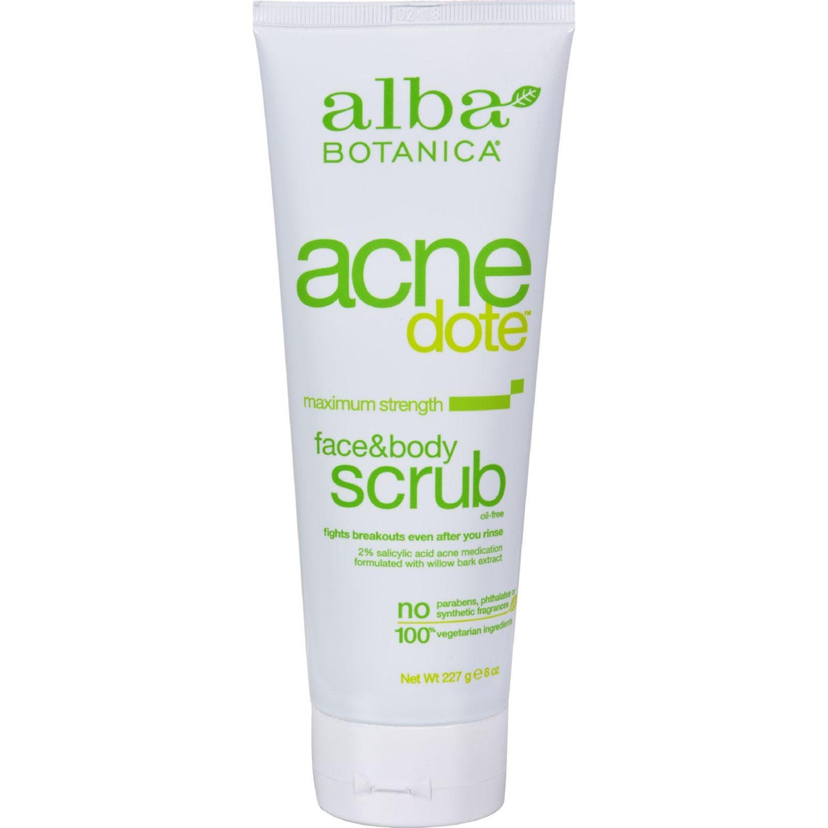 Alba Botanica Acnedote face and body scrub bottle for gentle exfoliation