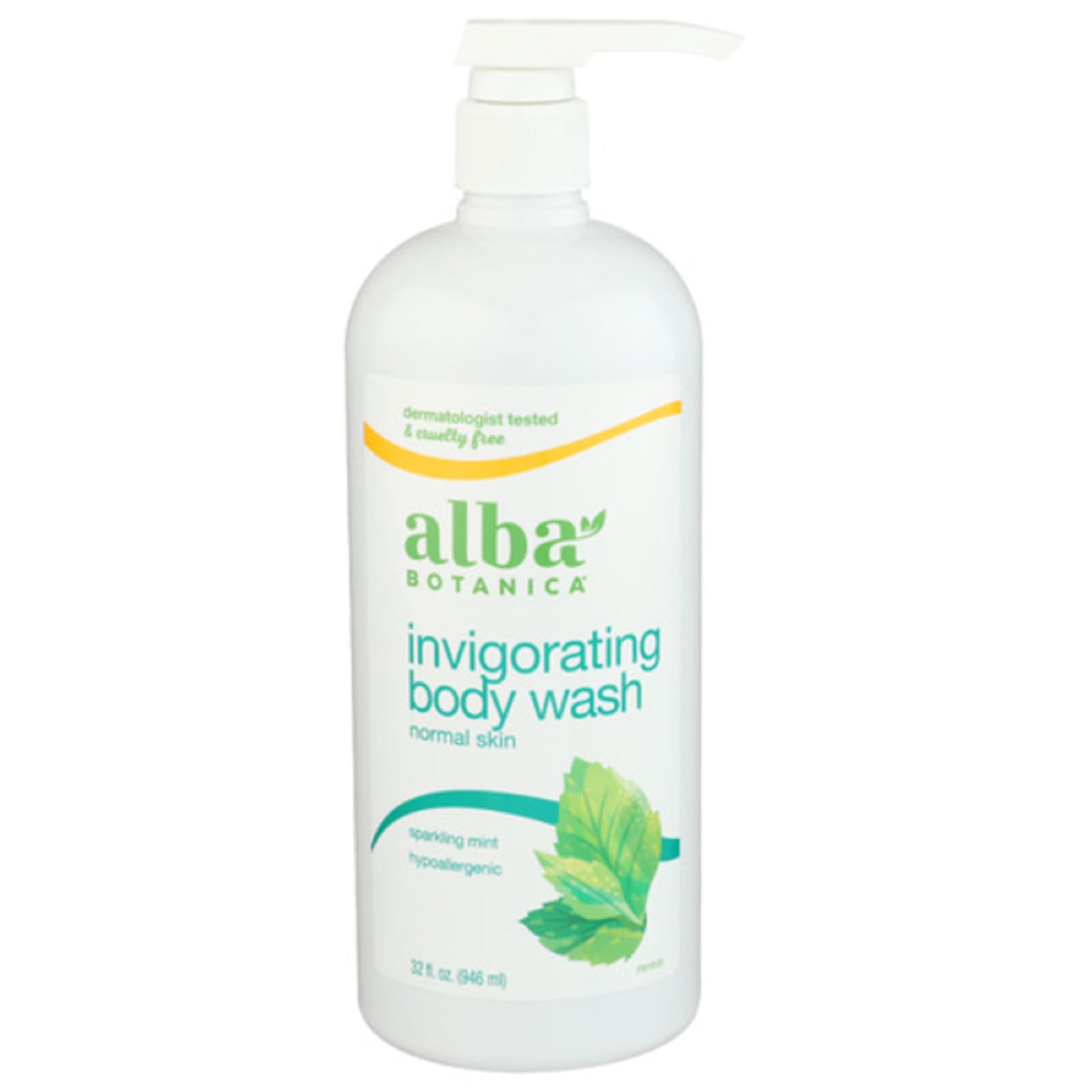 Alba Botanica gel de ducha Menta Espumosa en botella, aroma vigorizante para la piel suave.