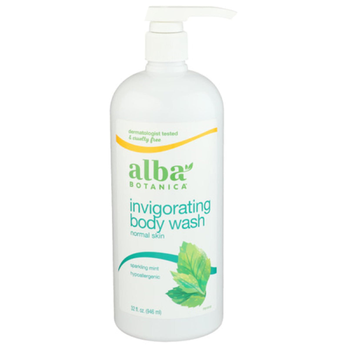 Alba Botanica gel de ducha Menta Espumosa en botella, aroma vigorizante para la piel suave.
