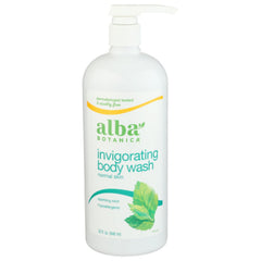 Alba Botanica gel de ducha Menta Espumosa en botella, aroma vigorizante para la piel suave.