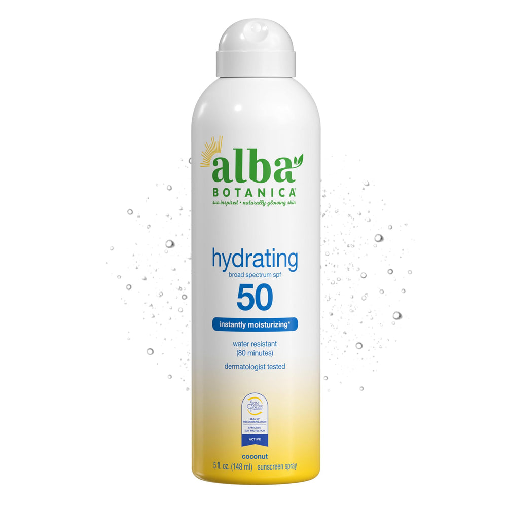 Alba Botanica Hawaiian Coconut sunscreen spray bottle ready for daily SPF protection