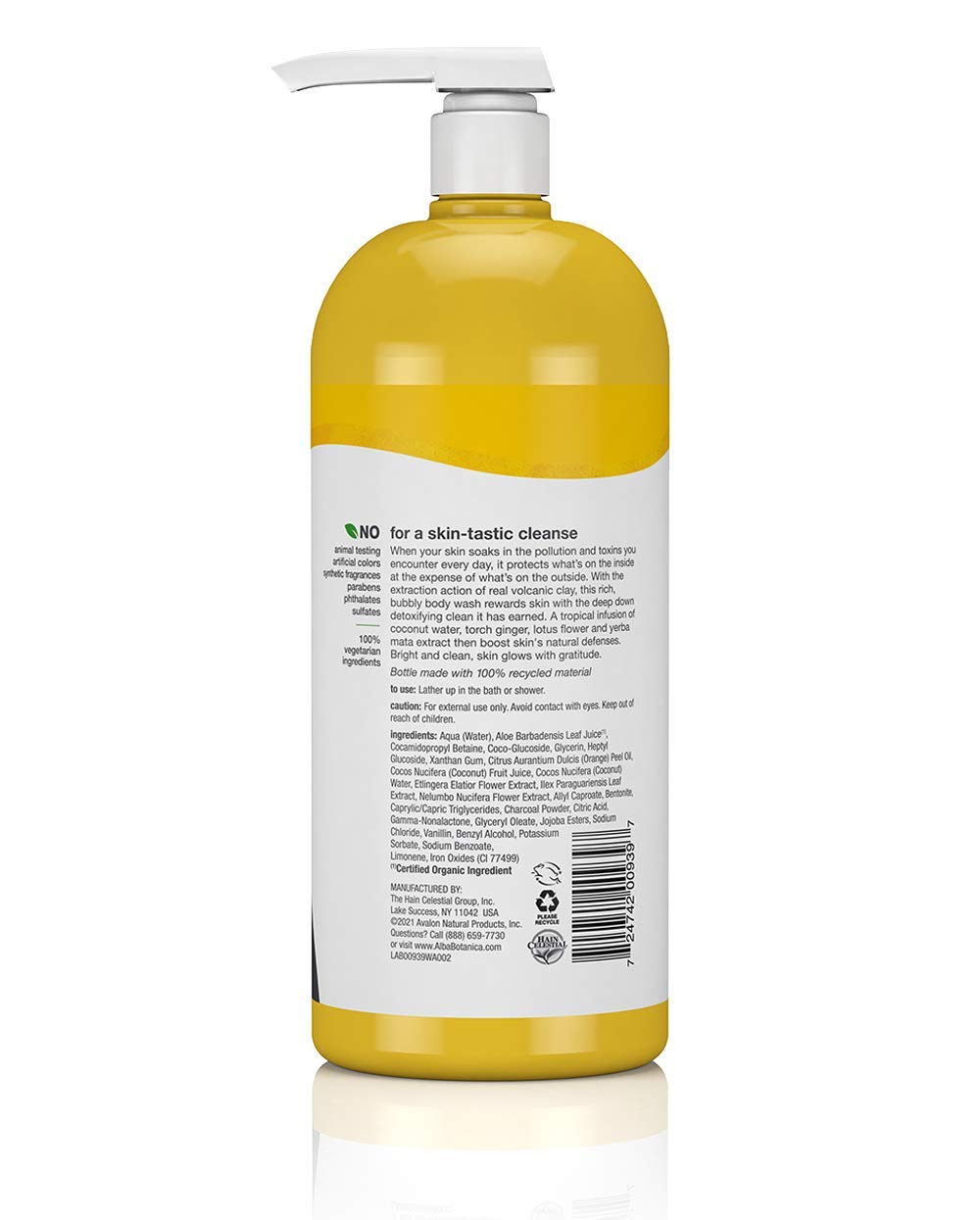 Alba Botanica Hawaiian Detox bottle with foamy lather demonstrates cleansing in action.
