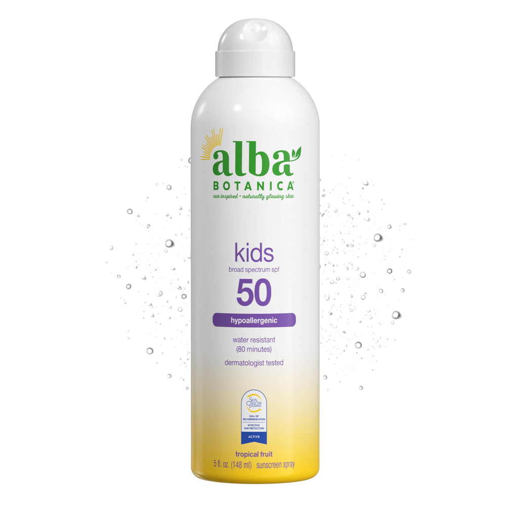 Alba Botanica Kids Sunscreen Spray on the face, quick-drying protection for active days